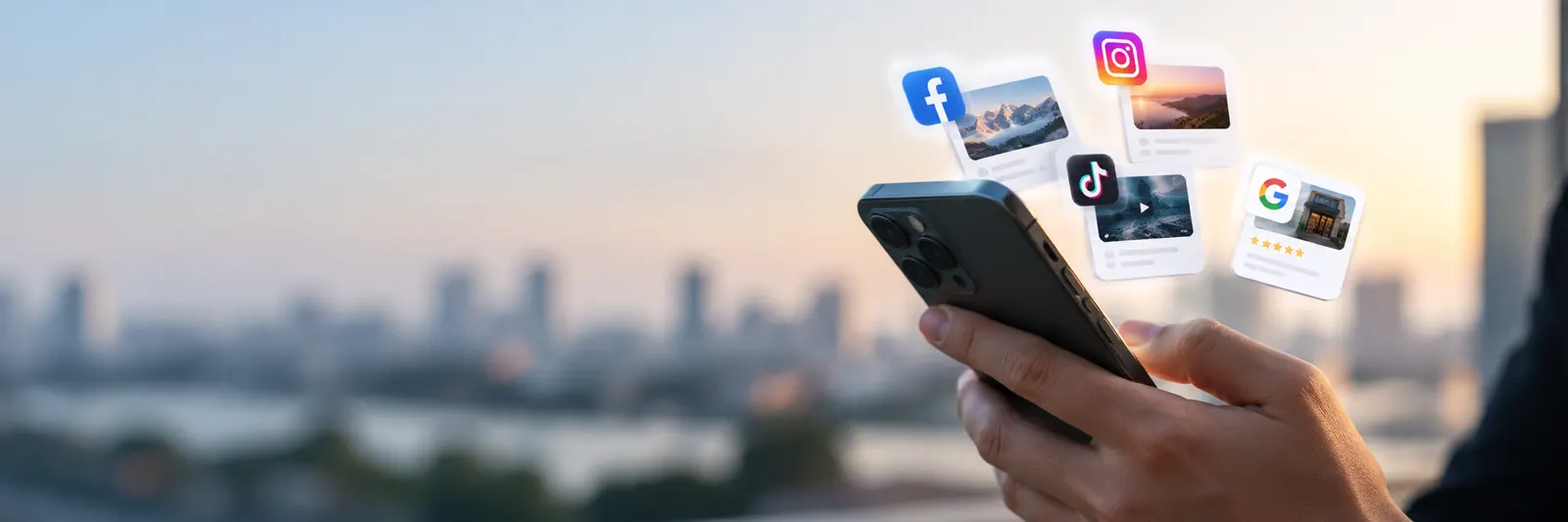 A phone with social posts rising out of it over a city skyline