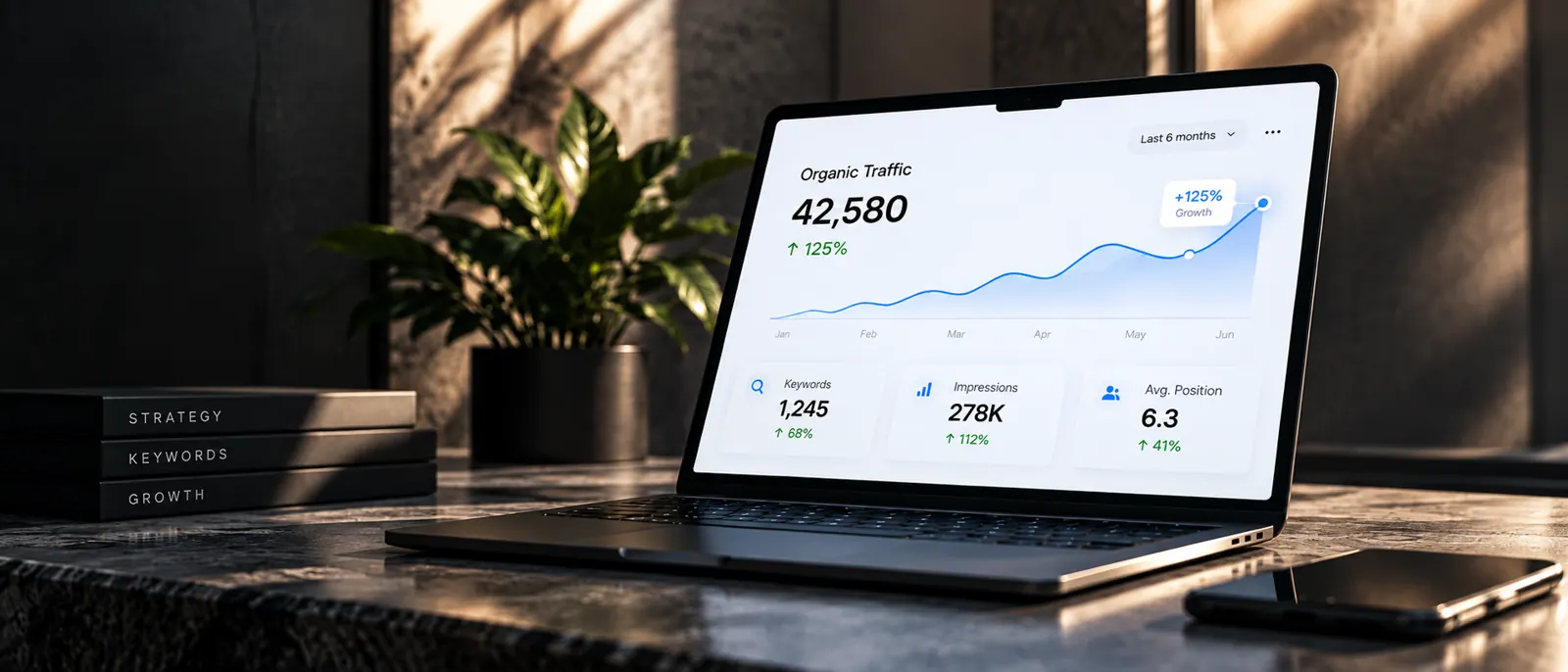 A laptop showing organic traffic climbing