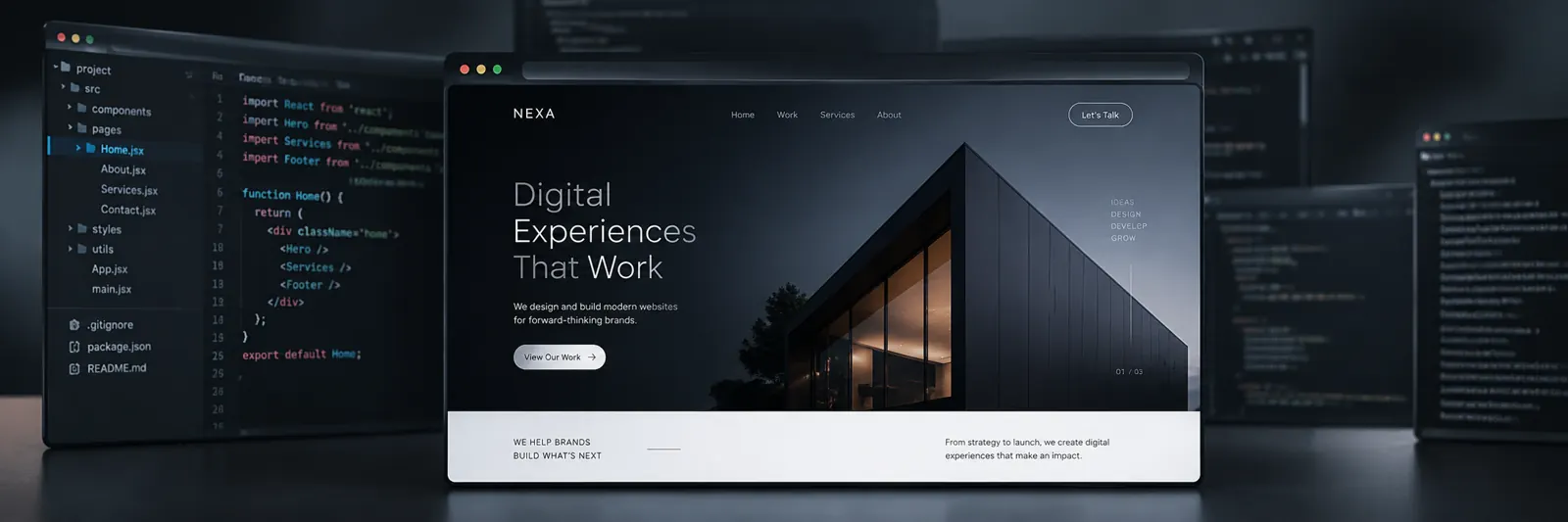 A NuAura website on screen beside the code that builds it