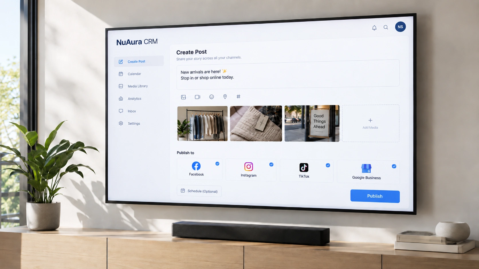 NuAura CRM composing a post for Facebook, Instagram, TikTok and Google Business