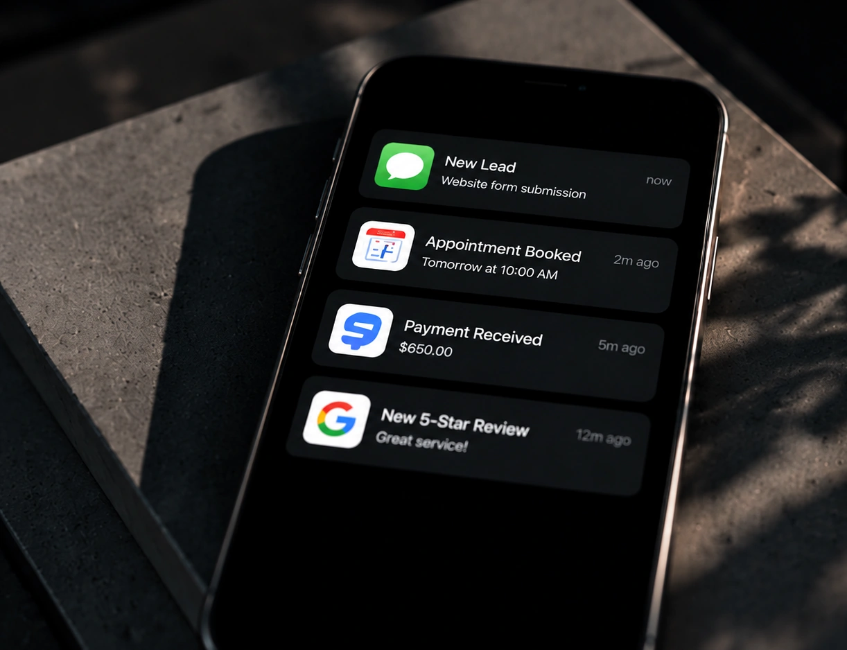 Lead, booking, payment and review alerts arriving on a phone